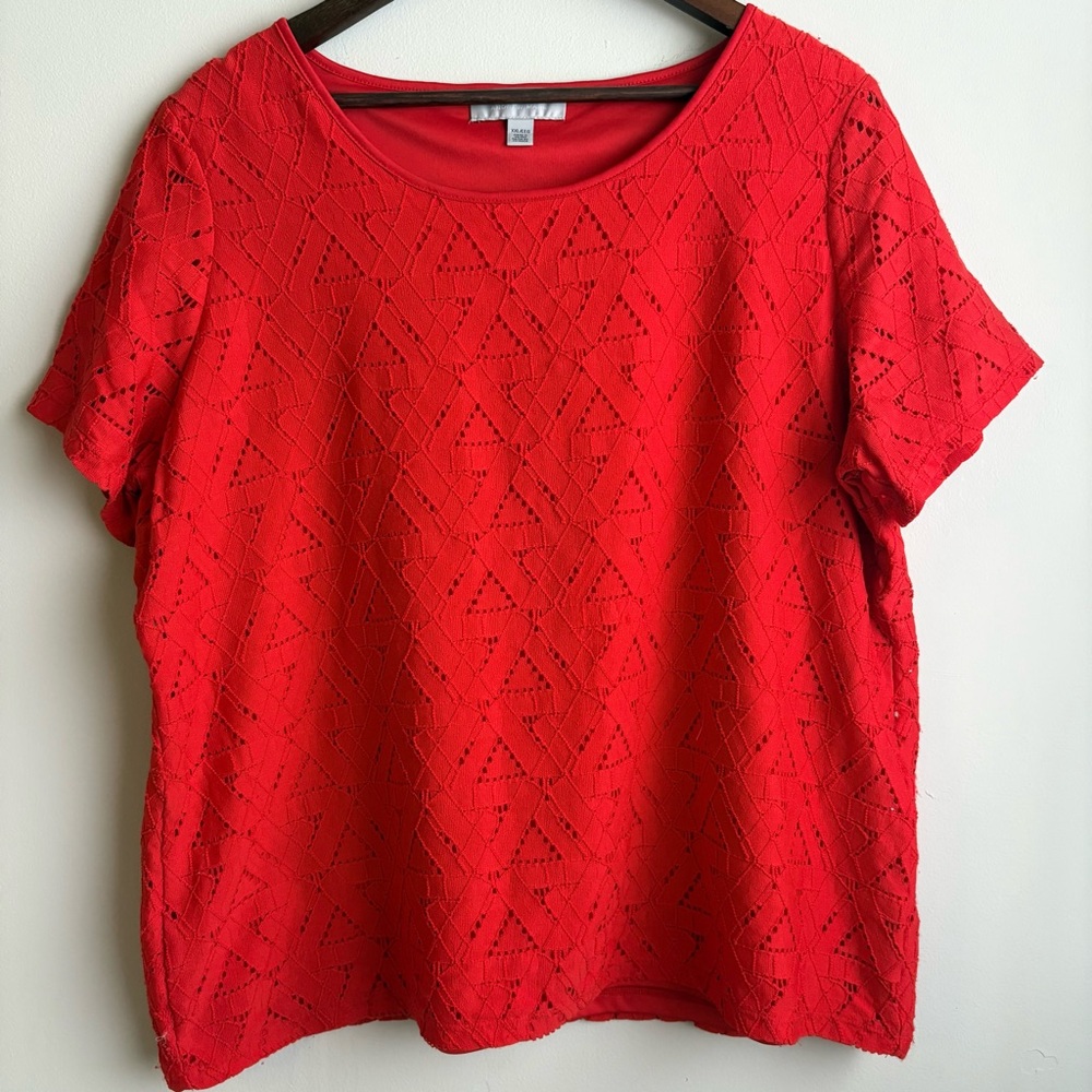 Marc New York Andrew Marc Red Eyelet Lace Top‎ Short Sleeve Blouse XXL